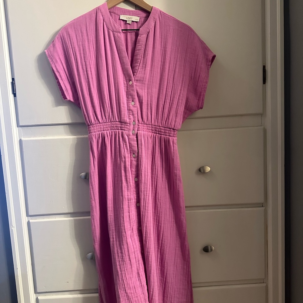 LOFT Pink Midi Dress with Button Detail